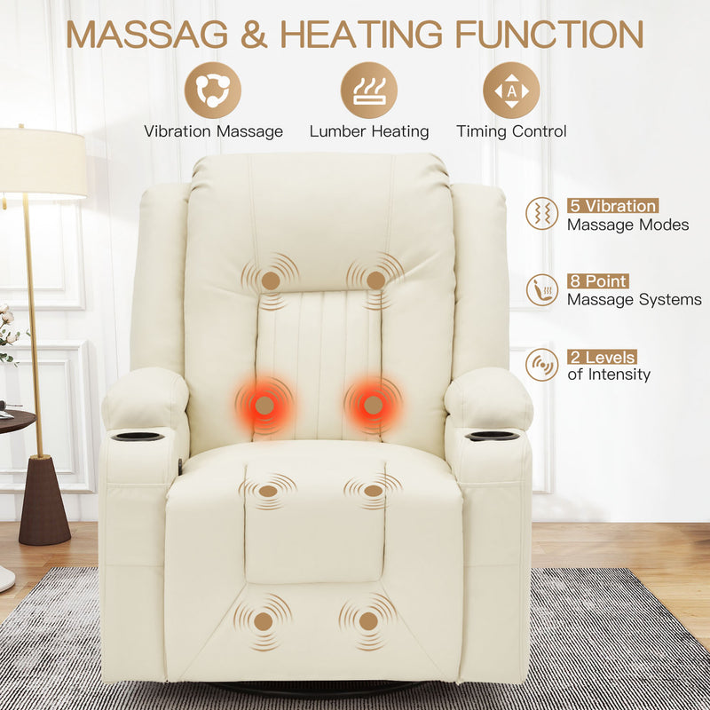 AECOJOY Massage Manual Recliner Chair with Heat and Vibration Massage, PU Leather Swivel Rocker Recliner Chair for Adults with 2 Cup Holders, Remote Control-Cream White