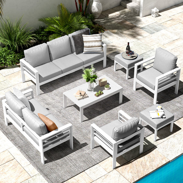 AECOJOY Patio Furniture Sets on sale, Aluminum Outdoor Furniture Set with Fire Pit Table Outdoor Sectional Sofa- Dark Grey
