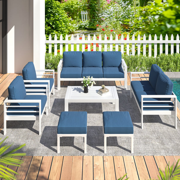 AECOJOY Patio Furniture Sets on sale, Aluminum Outdoor Furniture Set with Fire Pit Table Outdoor Sectional Sofa- Blue