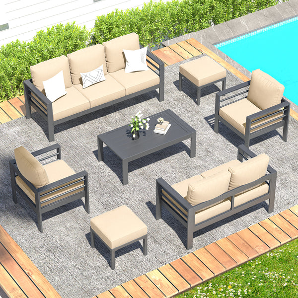 AECOJOY Patio Furniture Sets on sale, Aluminum Outdoor Furniture Set with Fire Pit Outdoor Sectional Sofa- Beige