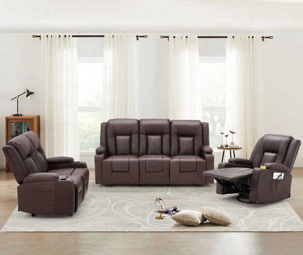 AECOJOY 3 Pieces Leather Recliner Sofa Set with Swivel Massage Chair, Modern Manual Control Couch Set Overstuffed Reclining Sofa Home Theater Seat RV Sofa Set w/Side Pockets&Cup Holders, Brown