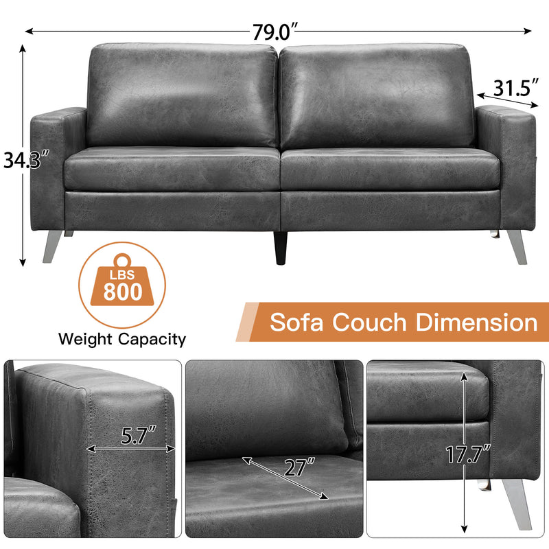 AECOJOY 79" Faux Leather Sofa 3 Seater Couch Loveseat Living Room Furniture in Gray