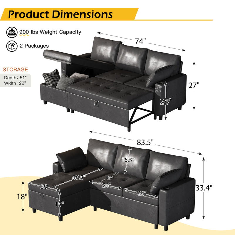 YODOLLA Sofa Bed, 3 in 1 Sleeper Sofa with Storage Chair, Faux Leather L Shape Couch, Sectional Pull Out Sofa Bed Mid Century Modern Couch for Living Room Clearance, Comfy Sleeper Couch in Black
