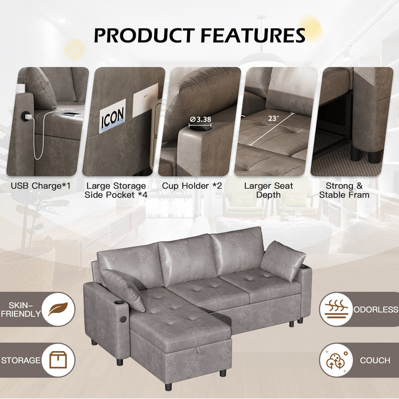 YODOLLA Sofa Bed, 3 in 1 Sleeper Sofa with Storage Chair, Faux Leather L Shape Couch, Sectional Pull Out Sofa Bed Mid Century Modern Couch for Living Room Clearance, Comfy Sleeper Couch in Grey