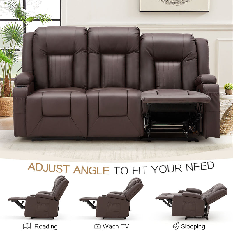 AECOJOY Manual Reclining Sofa with Cup Holders&Side Pockets, PU Leather Home Theater Seating, 3 Seat Recliner Chair for Adults-Brown