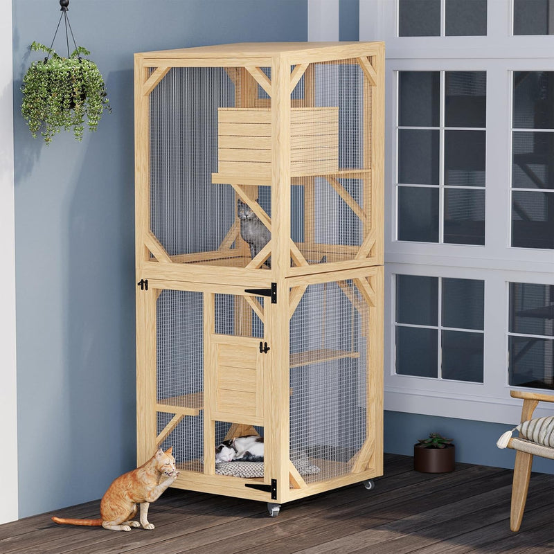 YODOLLA Catio Enclosure for Cats,Wooden Outdoor Cat House with Hammock in Natural Color