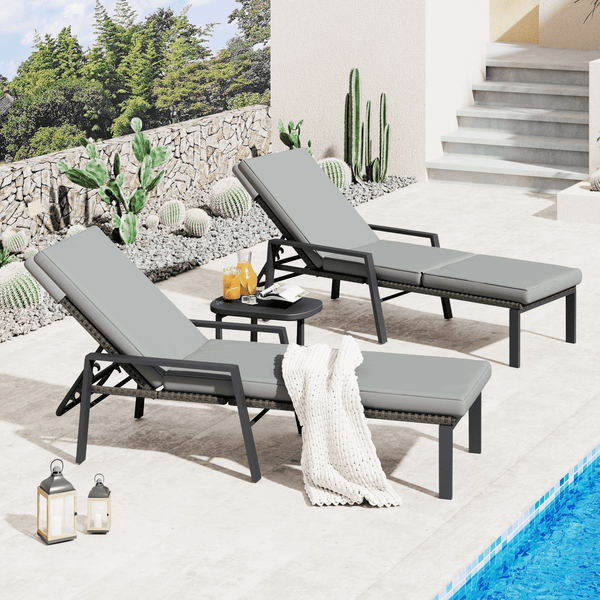AECOJOY Patio Lounge Chair,Chaise Lounge Outdoor Folding leisure Lounge Chairs Including Table Rattan Patio Furniture Set,Dark Grey（2pcs）