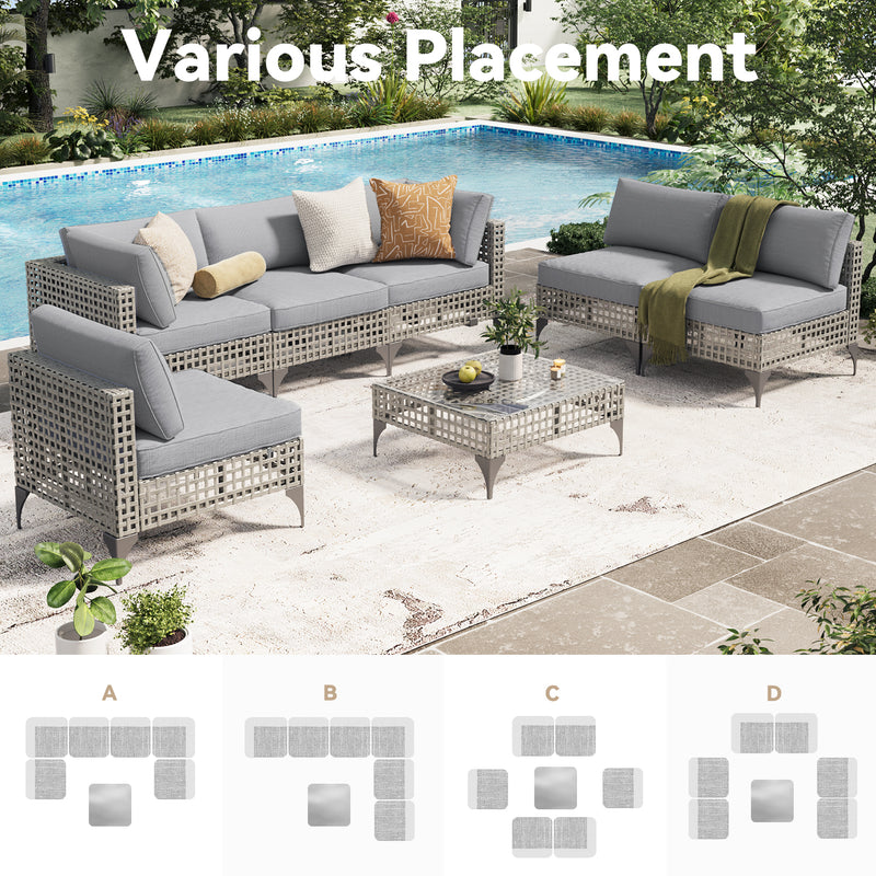 YODOLLA 7-Piece Patio Furniture Set with Tea Table, Rattan Wicker Outdoor Sectional Furniture Sofa Conversation Set, Grey Rattan&Light Grey Cushions