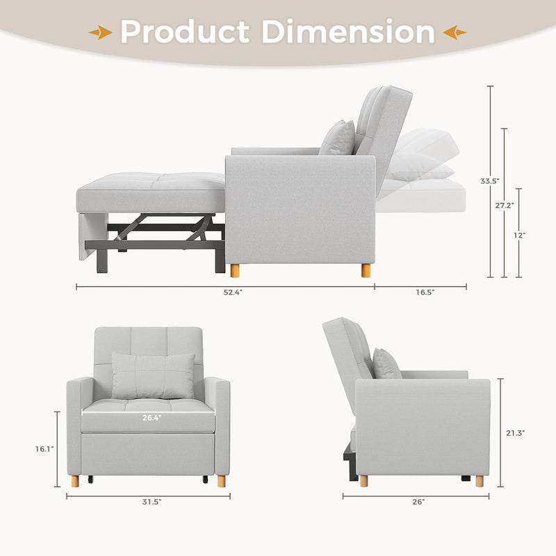 AECOJOY 3 in 1 Sofa Bed for Adults Sleeper Chair Bed Fold Out Sofa Convertible Reading Chair in Light Grey