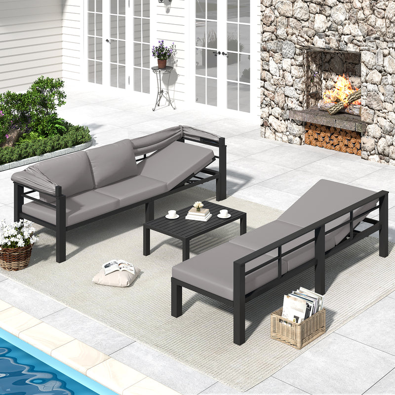 YODOLLA Patio Furniture Sets with Retractable Canopy & 2 Adjustable Backrests, Outdoor Furniture Sets with Coffee Table in Gray