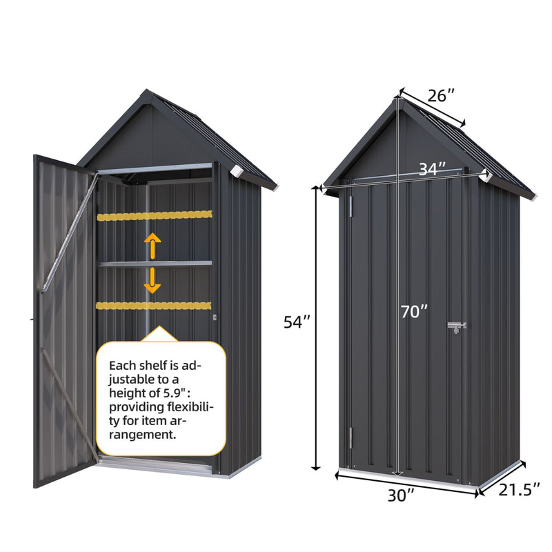 AECOJOY Outdoor Storage Shed with Floor & Metal Small Cabinet Waterproof with Shelves for Patio in Dark Grey
