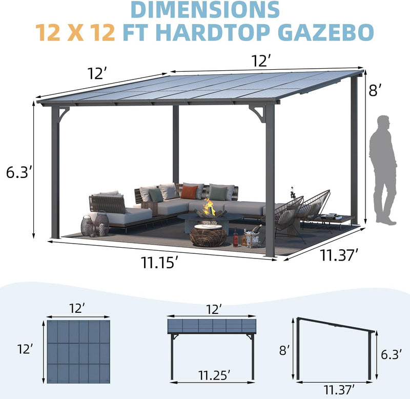 YODOLLA 12' x 12' Hardtop Gazebo Outdoor Aluminum Pergola For Garden, Patio, Backyard-Dark Gray