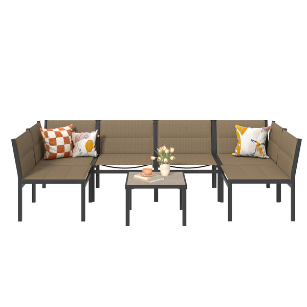 AECOJOY Outdoor Furniture Sets, 7 Pieces Cotton-Filled Textilene Fabric Outdoor Coffee Table and Chairs for Garden, Brown