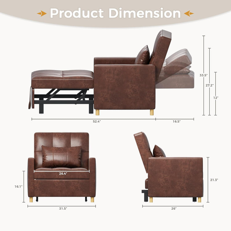 AECOJOY 3 in 1 Sofa Bed for Adults Sleeper Chair Bed Fold Out Sofa Convertible Reading Chair in Saddle Brown