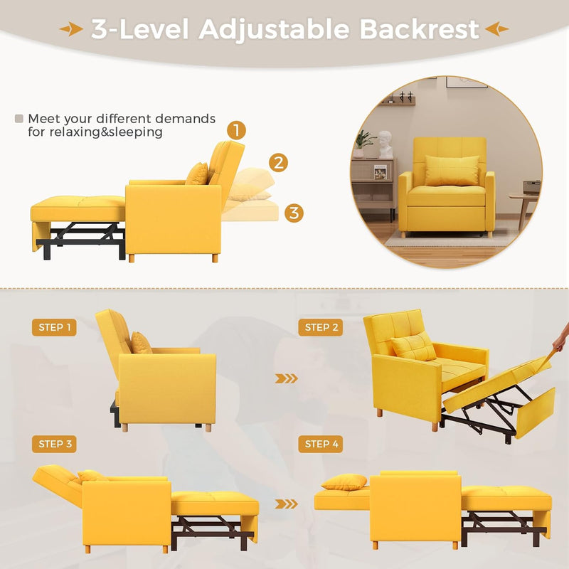 AECOJOY Sleeper Chair Bed 3 in 1 Sofa Bed for Adults Fold Out Sofa Convertible Reading Chair,Luminous Yellow