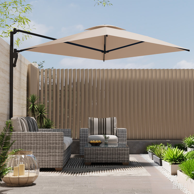 AECOJOY 10 ft Wall Mounted Patio Umbrella Outdoor Rectangle Umbrella with 180° Rotation for Outside in Beige