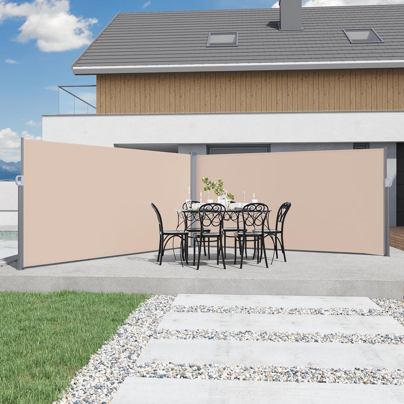 YODOLLA Double Retractable Side Awning, 236" x 63"Double Side Awning, Waterproof Folding Outdoor Privacy Screen, 280g Premium Polyester Fabric Room Divider for Patio, Garden and Terrace, Beige