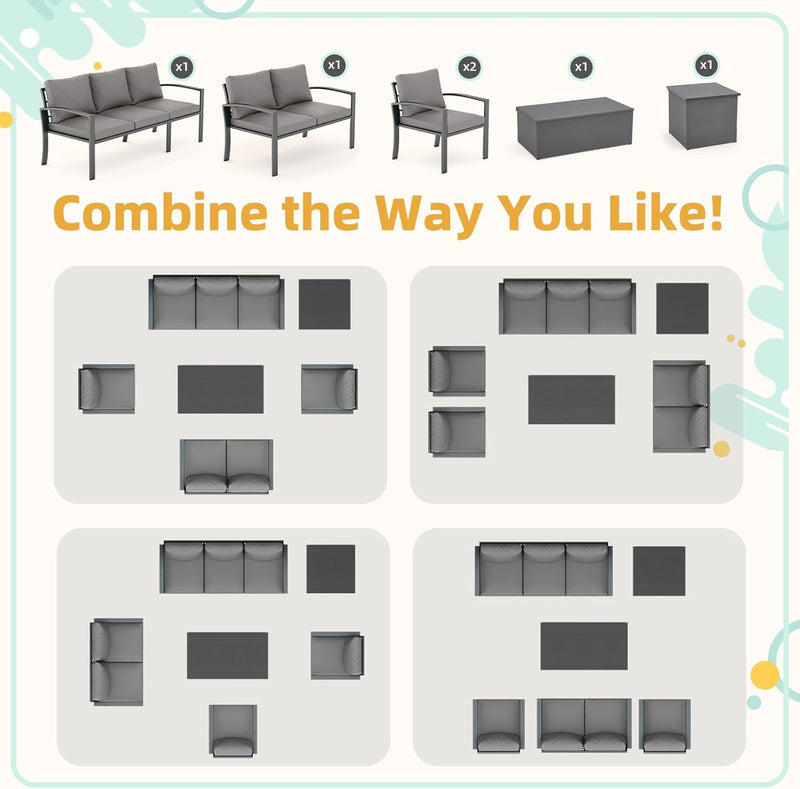 AECOJOY 7 Pieces Outdoor Furniture Sets Patio Sets on sale with 2 Storage Boxes Outdoor Metal Patio Sectional sofa Set with Grey Cushions