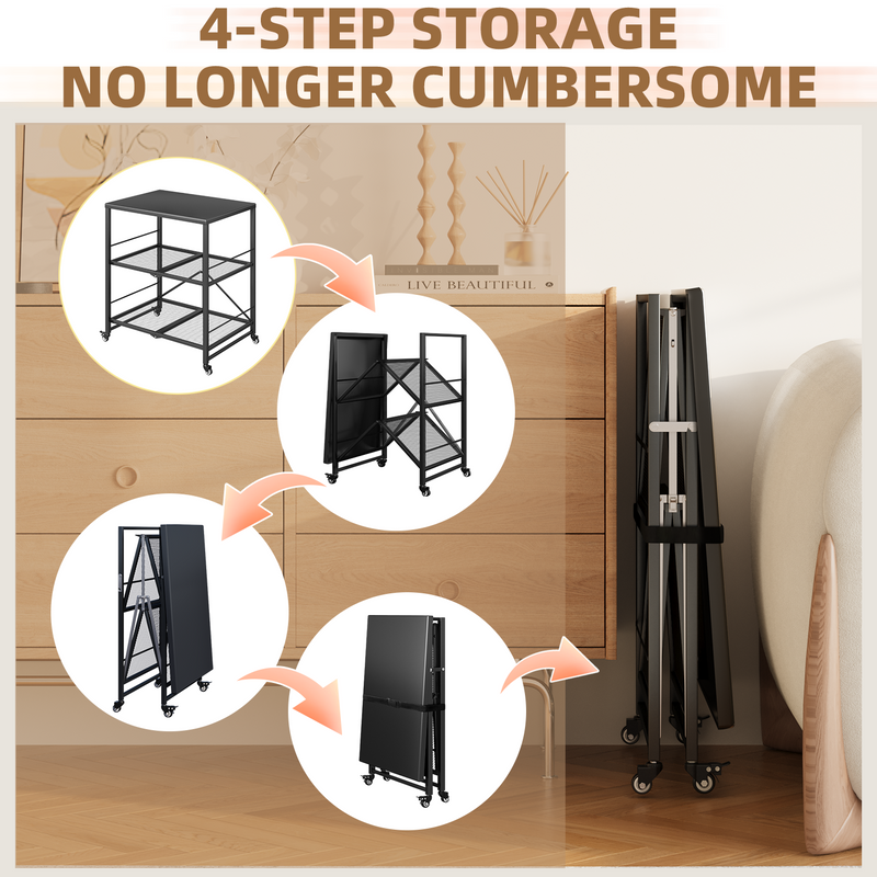 AECOJOY Foldable Outdoor Grill Cart Rolling Dining Table with Three-Shelf,Garden Patio BBQ Kitchen Food Prep Cart,Black