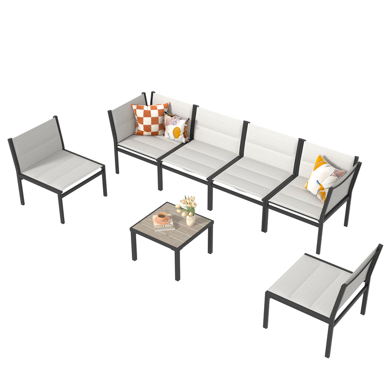 AECOJOY Outdoor Furniture Sets, 7 Pieces Cotton-Filled Textilene Fabric Outdoor Coffee Table and Chairs for Garden, Off-White