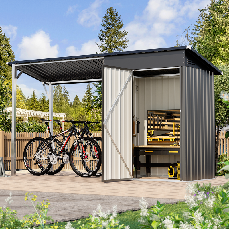 YODOLLA Outdoor Open-Sided Storage Shed, 3x5 Sheds & Outdoor Storage with 15 Sq. Ft Covered, 5x3 Small 2-in-1 Tool Shed with Attached Hardtop Metal Pergola Gazebo