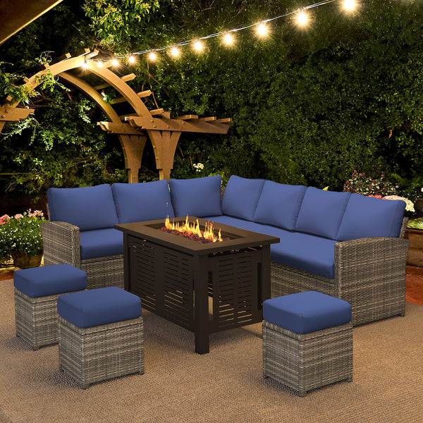 YODOLLA 7-Piece Patio Conversation Set with 43" Fire Pit Table, Outdoor Sectional Sofa, PE Rattan Wicker Furniture, Steel Frame, Blue