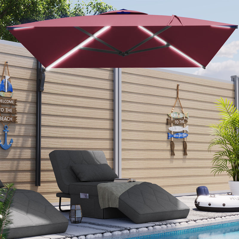 AECOJOY 10 ft Wall Mounted Patio Umbrella with Solar LED Lights Outdoor Rectangle Umbrella with 180° Rotation for Outside in Red