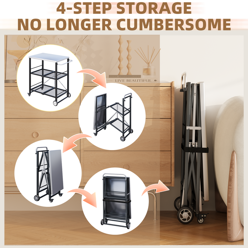 YODOLLA Foldable Outdoor Grill Cart 3 Tiers Stainless Steel Rolling Cart with Wheels Metal Utility Storage Trolley,Black