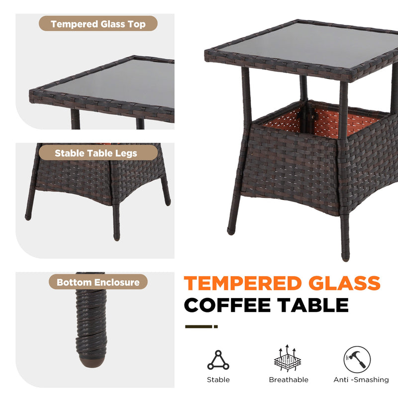 3-Piece Rattan Rocking Bistro Set with Glass Coffee Table for Porch & Garden