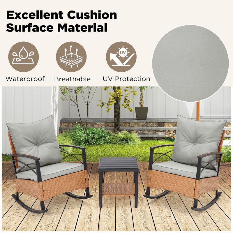 3-Piece Bistro Set: Outdoor Rattan Rocking Chairs with Cushions and Coffee Table