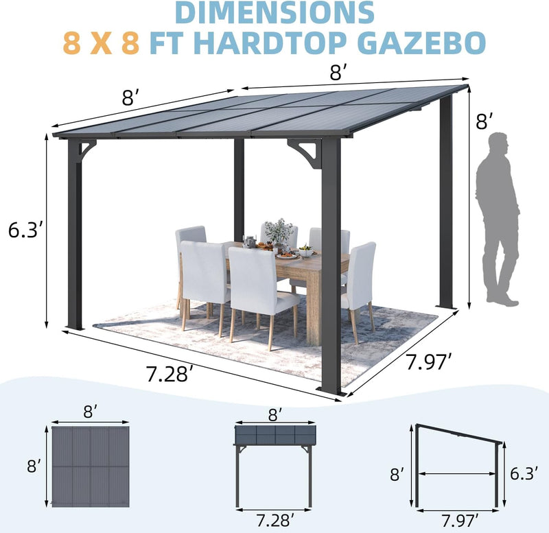 YODOLLA 8' x 8' Hardtop Gazebo Outdoor Aluminum Pergola For Garden, Patio, Backyard-Dark Gray