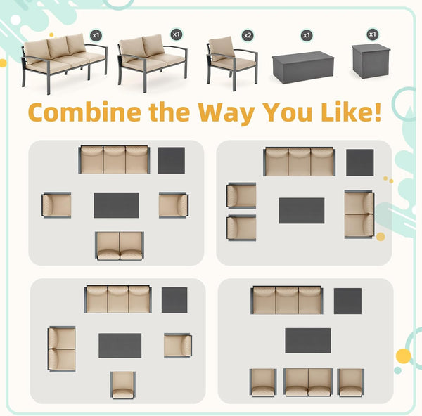 AECOJOY Metal Patio Furniture Set with Cover Outdoor Furniture sets With Storage Boxes on Sale with Beige Cushion for Balcony Porch, Lawn and More