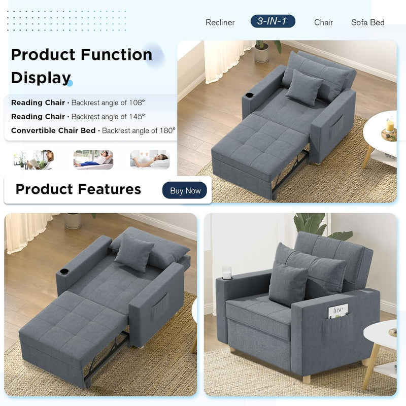 YODOLLA 3-in-1 Futon Convertible Sleeper Sofa Bed Chair with Cup Holder for Living Room,Pull Out Couch in Dark Grey