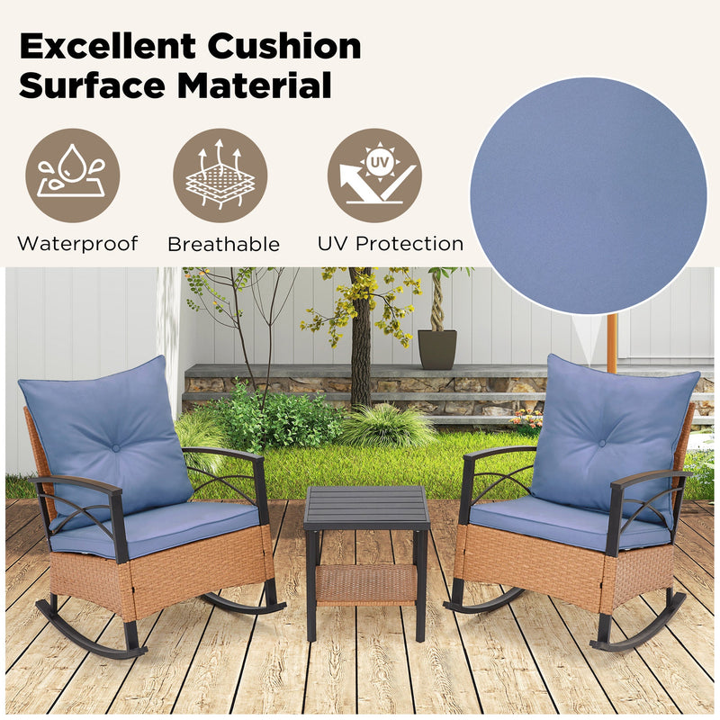 3-Piece Bistro Set: Outdoor Rattan Rocking Chairs with Cushions and Coffee Table