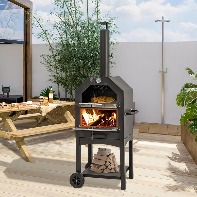 YODOLLA Outdoor Pizza Oven with Waterproof Cover Portable Wood Fired Pizza Oven with Side Handles &Two Wheels Grill Rack for Backyard