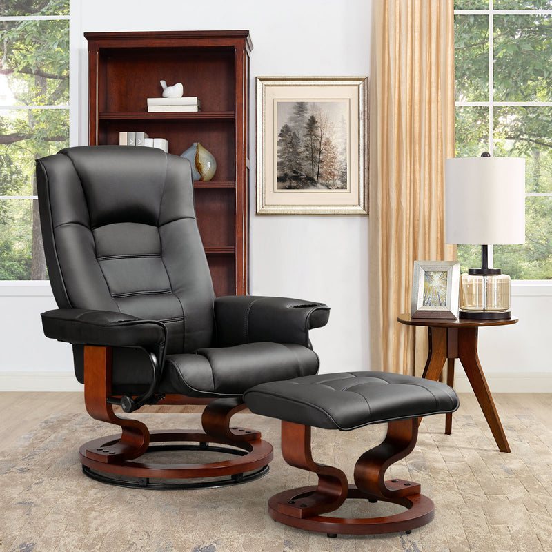 AVAWING Recliner Chair with Ottoman Adjustable Swivel Chair with Footrest 360¡ã Swivel PU Leather Reclining Chair with Footrest for Living Room Recliner and Ottoman with Wood Base, Black
