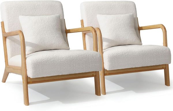 YODOLLA Sherpa Fleece Accent Chair Mid-Century Modern Upholstered Arm Chair Set of 2 for Living Room in Beige