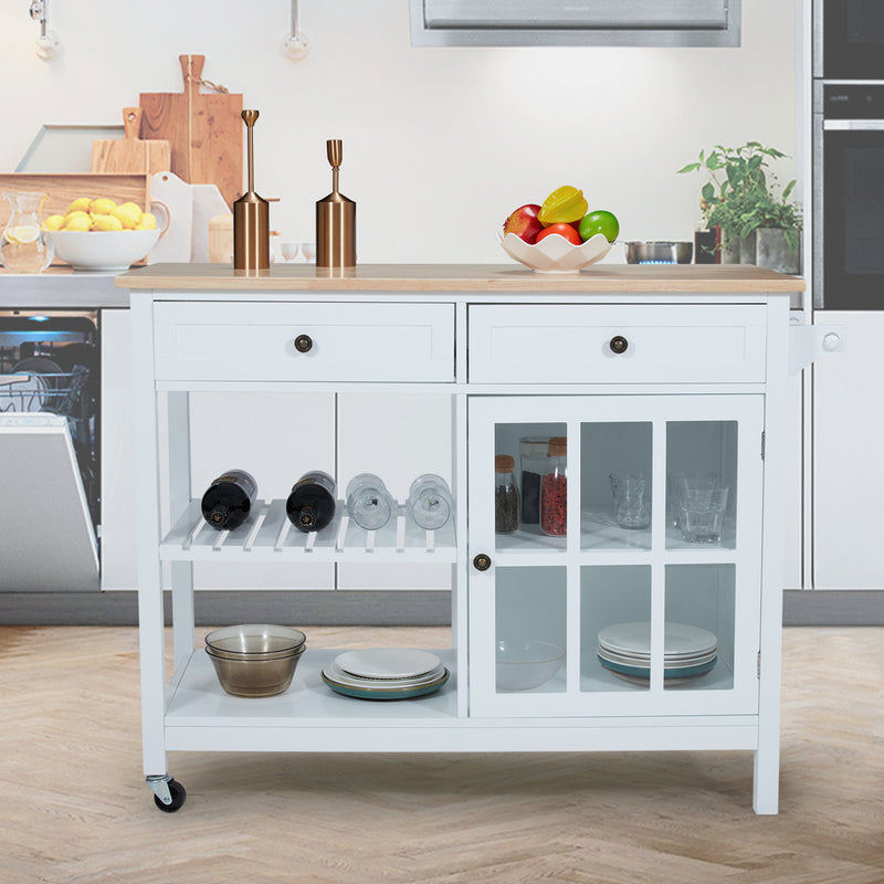 AVAWING Rolling Kitchen Island Cart with Storage, 42 Inch Wood Tabletop Kitchen Cart w/ 2 Wheels, Trolley Cart Utility Glass Cabinet, Towel Rack, Open Display Shelf, White