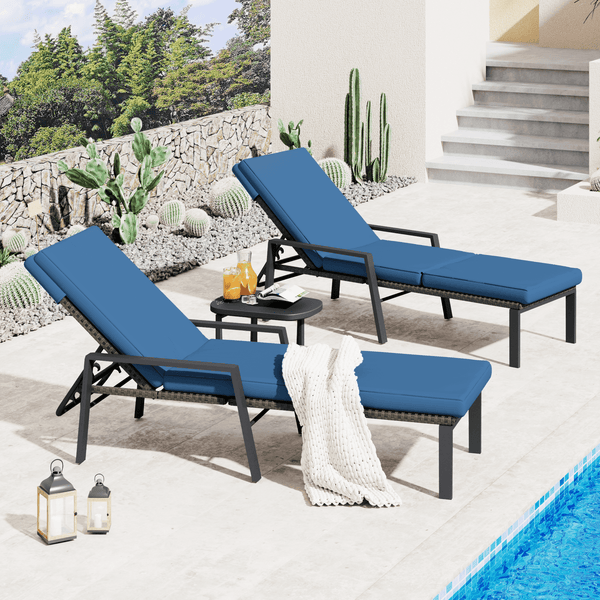 AECOJOY Patio Lounge Chair,Chaise Lounge Outdoor Folding leisure Lounge Chairs Including Table Rattan Patio Furniture Set,Navy Blue（2pcs）
