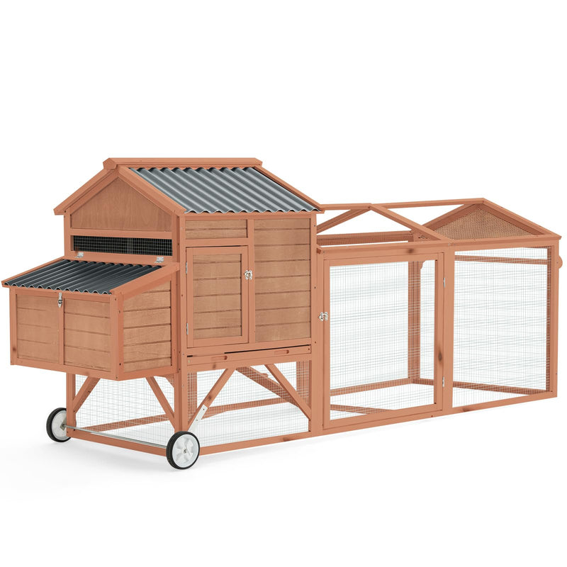 YODOLLA 95" Chicken Coop with Wheels, Poultry Cage Wooden Chicken Hutch Tractor with Run, Nesting Boxes, Ramps, Removable Tray, Natural Wood