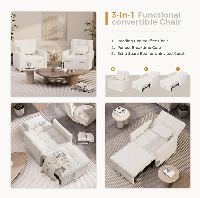 AECOJOY Sleeper Chair Bed 3 in 1 Sofa Bed for Adults Fold Out Sofa Convertible Reading Chair in Teddy Wihte