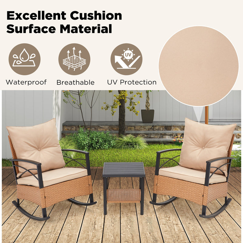 3-Piece Bistro Set: Outdoor Rattan Rocking Chairs with Cushions and Coffee Table