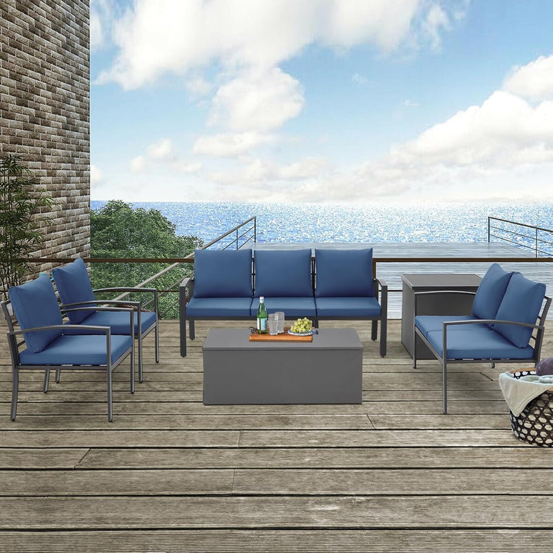 AECOJOY Metal Patio Furniture Set with Cover Outdoor Furniture sets With Storage Boxes on Sale with Blue Cushion for Balcony Porch, Lawn and More