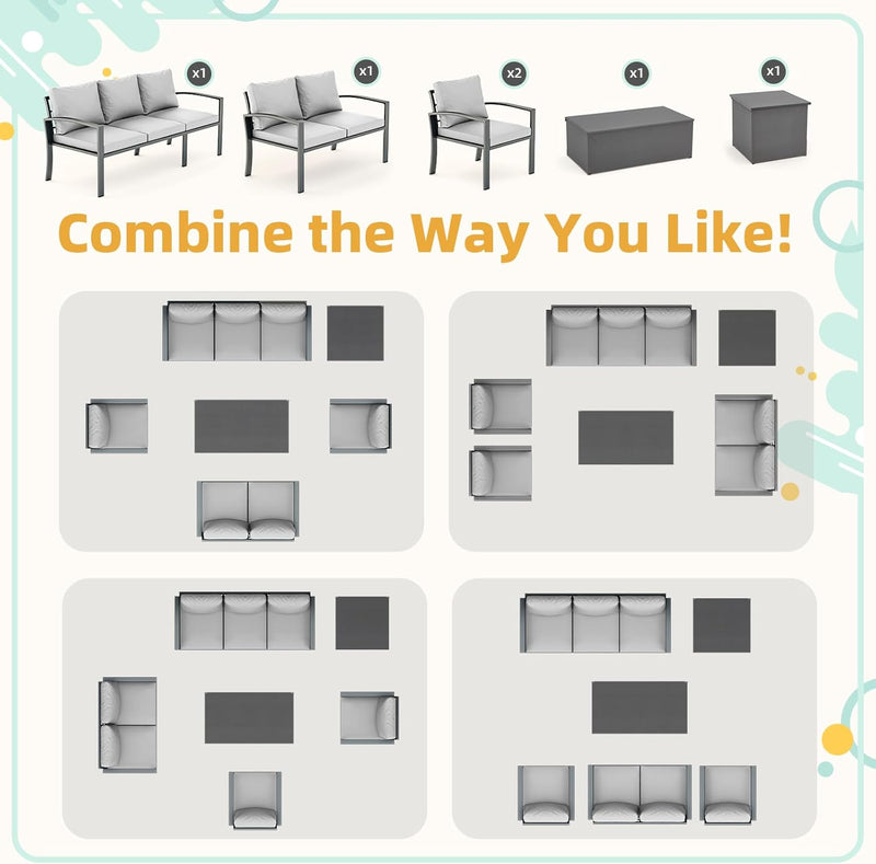 AECOJOY Metal Patio Furniture Set with Cover Outdoor Furniture sets With Storage Boxes on Sale with Light Grey Cushion for Balcony Porch, Lawn and More