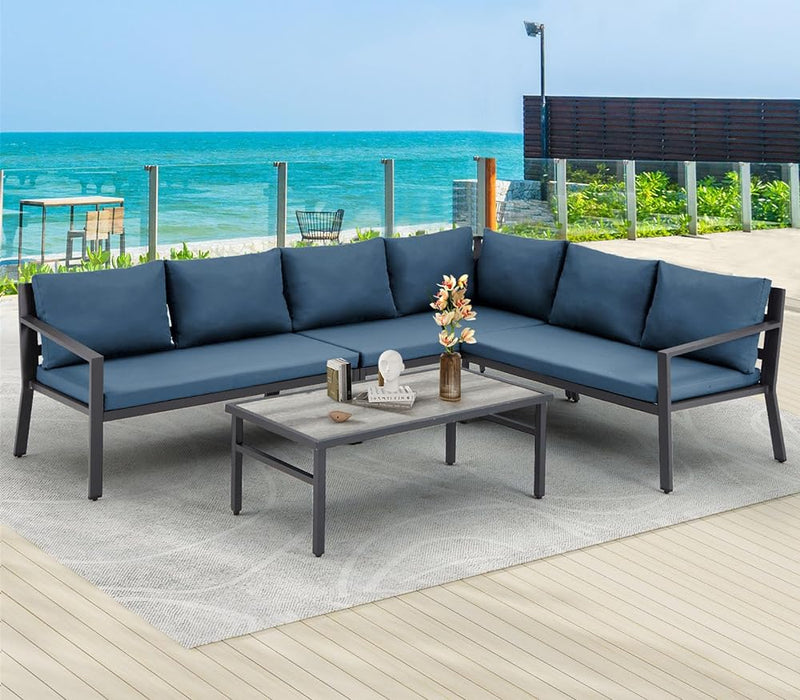 YODOLLA 7 Pieces Aluminum Patio Furniture Set with Waterproof Cover Patio Conversation Set For Outdoor with Navy Cushions