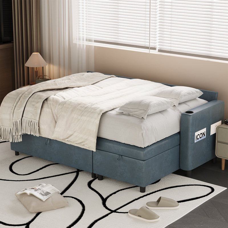 AECOJOY Sofa Bed, 3 in 1 Sleeper Sofa with Storage Chair, Faux Leather L Shape Couch, Sectional Pull Out Sofa Bed Mid Century Modern Couch for Living Room Clearance, Comfy Sleeper Couch in Blue