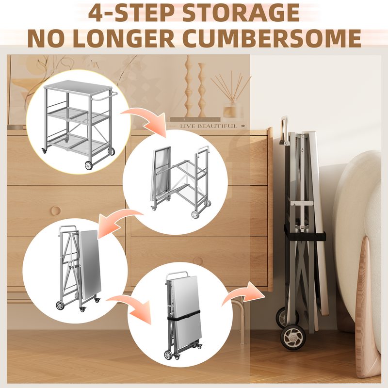 YODOLLA Foldable Outdoor Grill Cart 3 Tiers Stainless Steel Rolling Cart with Wheels Metal Utility Storage Trolley,Silver