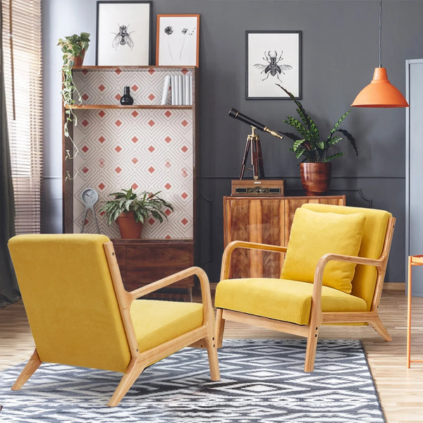 YODOLLA Mid-Century Modern Accent Chair Set of 2, Fabric Arm Chair, Reading Chair with Arm, Upholstery Linen, Living Room Furniture, Yellow