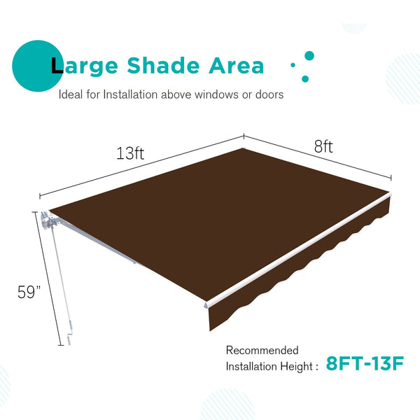 AECOJOY 13' x 8' Manual Retractable Patio Awning,Outdoor Awning Retractable Sunshade Shelter-Brown