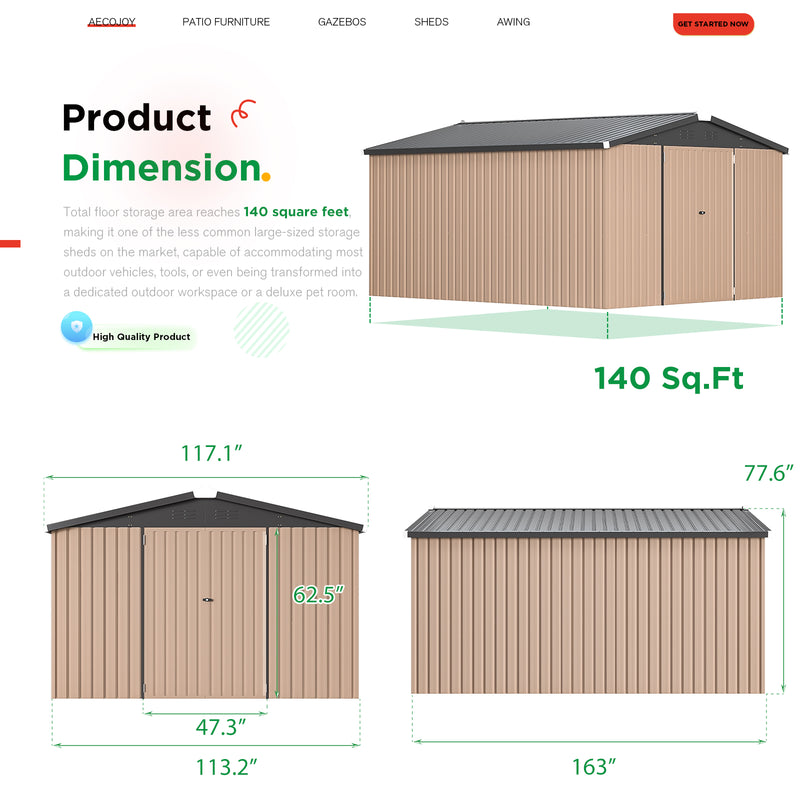 AECOJOY 10' x 14' Outdoor Storage Shed with Lockable Door Patio Metal Garden Storage Building in Brown for Outside